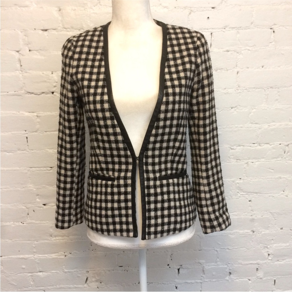 Steven Alan leather trim cropped wool blazer b/w check size 0